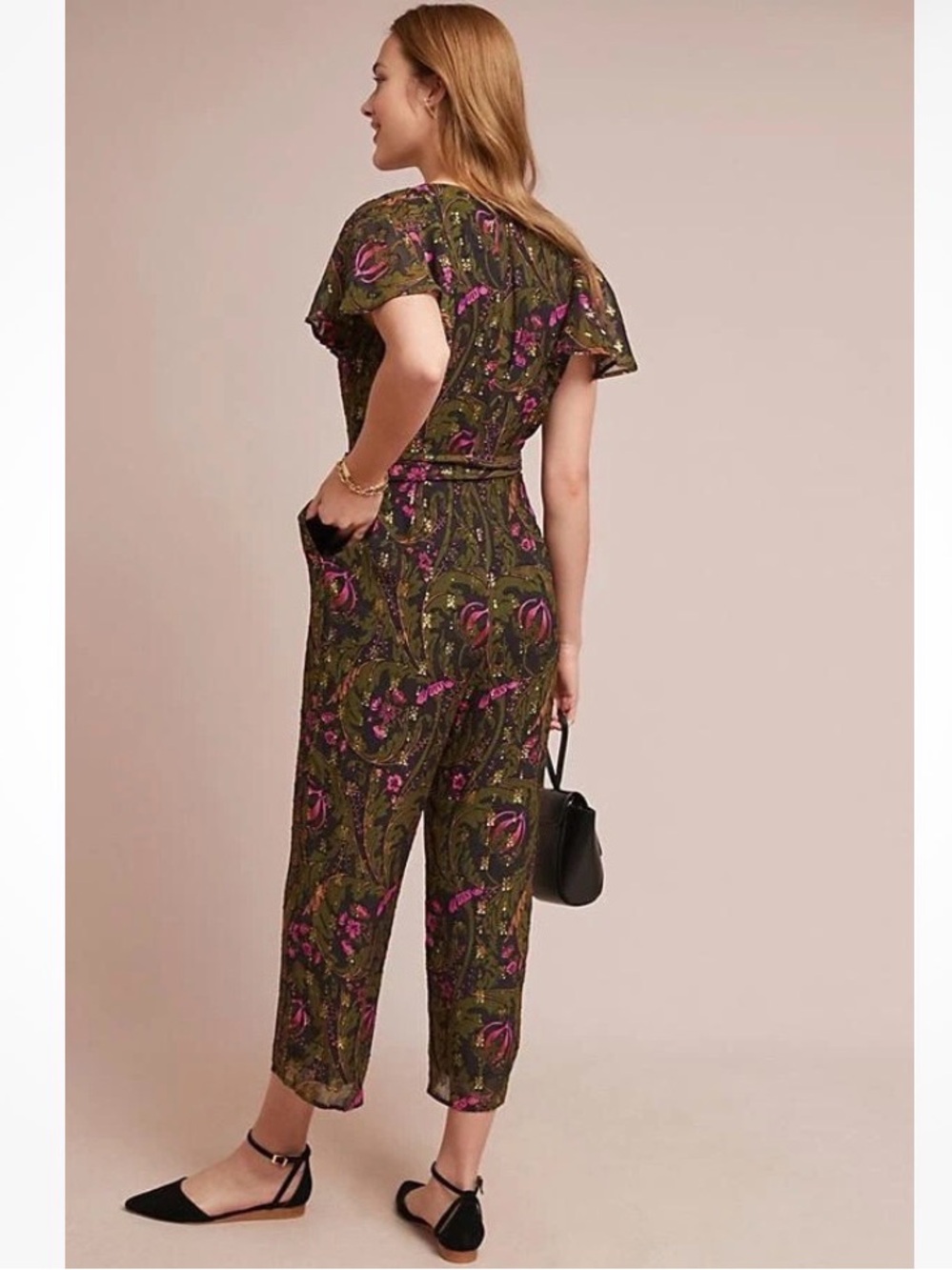 Anthropologie Olive Brenda Green Floral Jumpsuit with Pink Accents Sz 2 - Picture 2 of 11